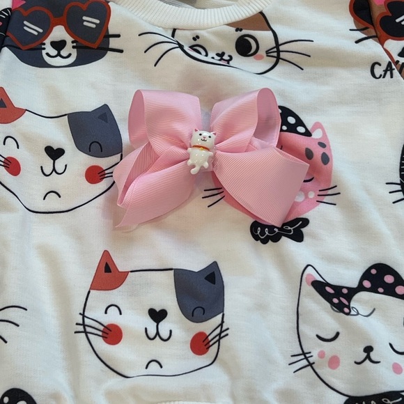 Girls Kitty Cat top shirt pullover crew neck with matching hair bows. - Picture 7 of 17